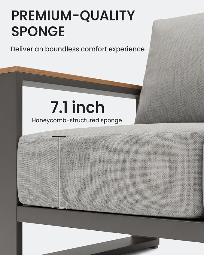 Oversized Aluminum Patio Furniture, 1 Piece Luxury Outdoor Furniture with 7.1" Extra Thick Cushion, Modern Outdoor Sectional Loveseat for Porch, Garden and Deck, Gray