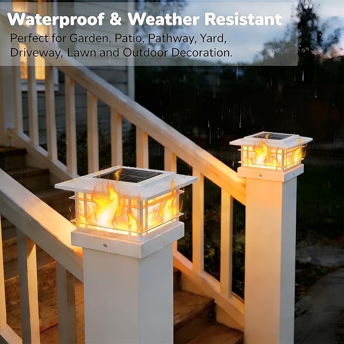 Dynaming 6 Pack Solar Post Cap Lights Outdoor with Flickering Flame Light, White Shell Fence Post Solar Lights Fit 4x4 5x5 Vinyl/Wooden Posts, Brightness LED Lighting Decor for Garden Deck Patio