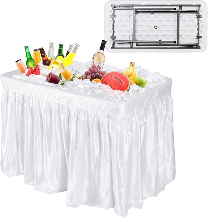 4 Foot Ice Cooler Table, Folding Buffet Cold Food Keeper w/Removable Matching Skirt & Drain Plug, Portable Patio Outdoor Chilling Table, Cooler Server for Party, Picnic, Camping, Wedding, BBQ