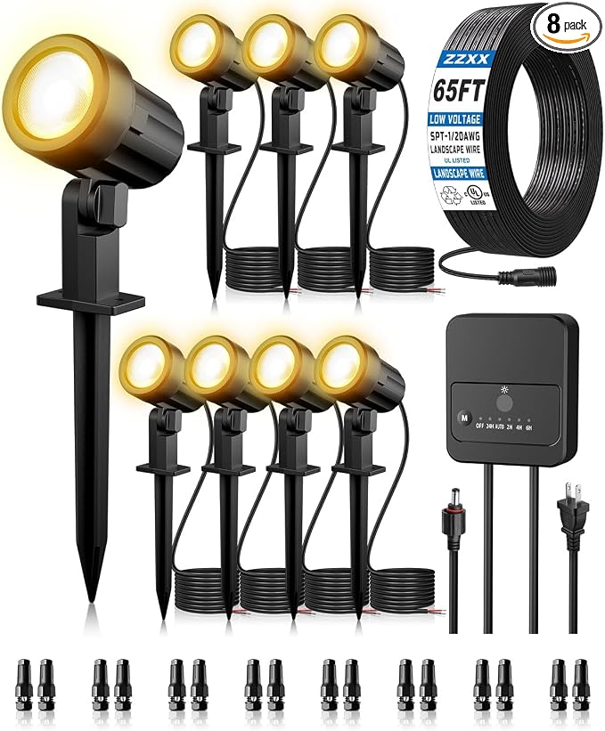 All-in-One Low Voltage Landscape Lighting Kit, 8-Pack, Warm White | LED Landscape Lights with Transformer 65FT Wire and Connectors, 2700K Waterproof Garden Spot Lights for Yard House Tree