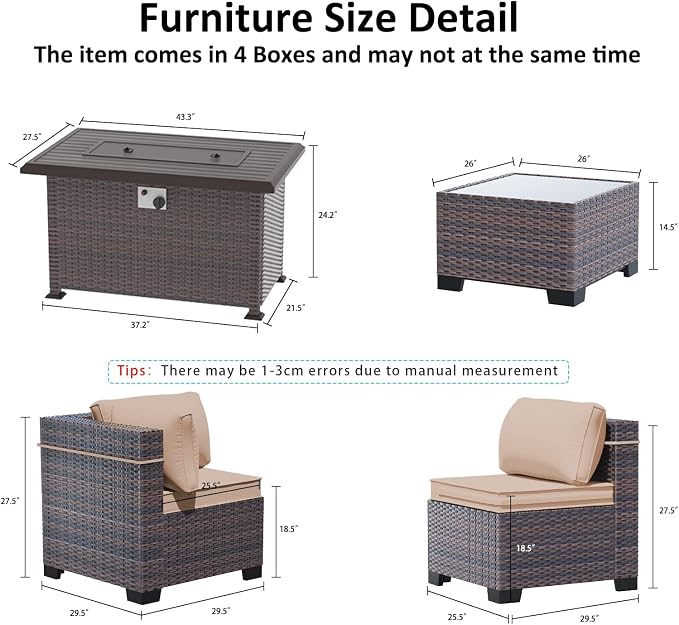 Outdoor Patio Furniture with Fire Pit Table, 6 Pieces Outdoor Furniture Patio Sectional Sofa PE Rattan Conversation Sets w/43 Propane Gas Firepit & Coffee Table for Outside - Brown.