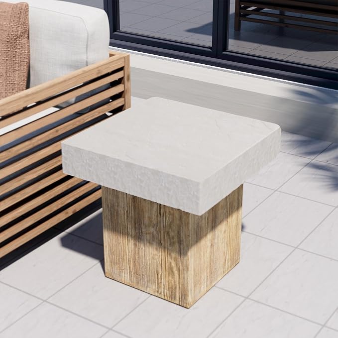 COSIEST Outdoor Medium Side Table, Patio Coffee Table, 19.7 inches Square MgO End Stool with Faux Wooden Pedestal Base,for Patio, Garden, Backyard, Antique Beige