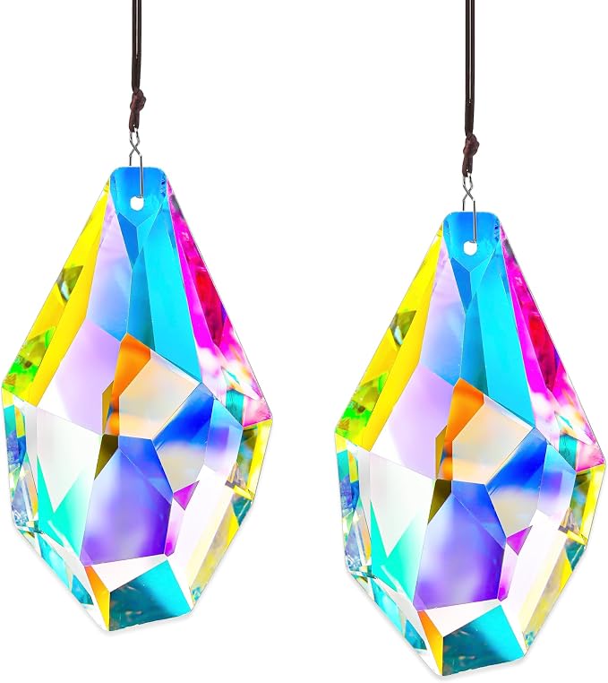 2 Pcs 3.5 Inch AB Crystal Prism Suncatcher Window Decor | AB Colored Crystal Prism Suncatcher Rainbow Maker Hanging Pendants Set of 2 for Window Garden Home Office Wedding Decor Gift