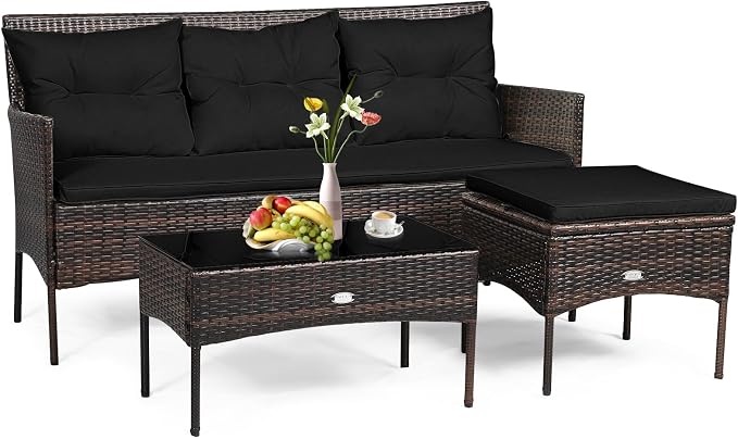 RELAX4LIFE 3 Pieces Patio Furniture Set, Rattan Wicker Sectional Conversation Sofa Set w/5 Seat & Back Cushions, Tempered Glass Coffee Table for Porch Balcony Backyard, Outdoor Furniture (Black)