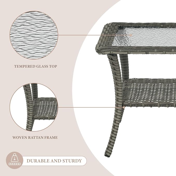 Patio Coffee Table Wicker Table Outdoor PE Rattan Glass Top Table with Storage Shelf Rectangle Patio Outdoor Coffee Table for Patio Garden Balcony Porch Deck Poolside, Grey