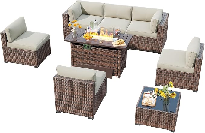 LazySunsets 8 Piece Outdoor Patio Furniture Set with 44'' Fire Pit Table, Outdoor Patio Furniture Set with 4'' Thicken Cushion, Wicker Rattan Outdoor Conversation Set for Backyard & Garden, Beige