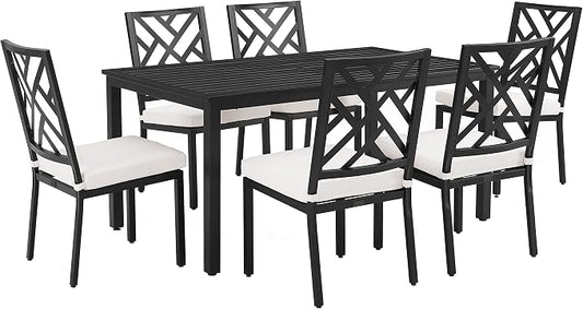 Crosley Furniture Locke 7-Piece Outdoor Dining Set for 6, Patio Table and Chairs for Backyard, Deck, Matte Black with Creme Cushions