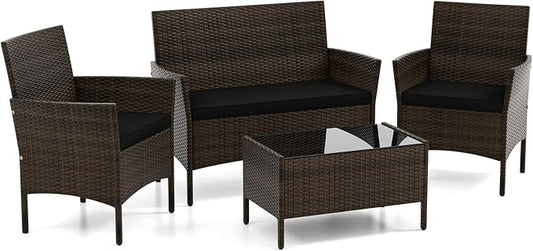 DORTALA Wicker Patio Furniture Set 4 Piece, Outdoor PE Rattan Table & Chairs Set with Tempered Glass Coffee Table, Loveseat, Cushions, Conversation Set for Balcony, Porch, Backyard, Deck, Black