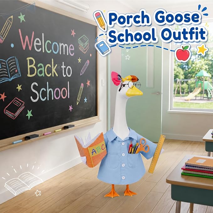 Teacher Porch Goose Outfit for 23 Inch Plastic Cement Goose Statue, Back to School Goose Clothes with Bows Hairband, Glasses & Felt Pencils, Classroom Porch Goose Costume for Yard Patio Lawn Decor
