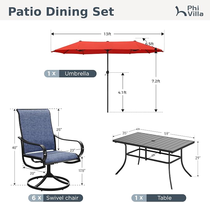 PHI VILLA Outdoor Dining Set with Umbrella for 6, Swivel Mesh Chairs | 59'' metal rectangular table, 6 blue textilene chairs and 13ft orange red umbrella(NO BASE), designed for patio, deck, garden