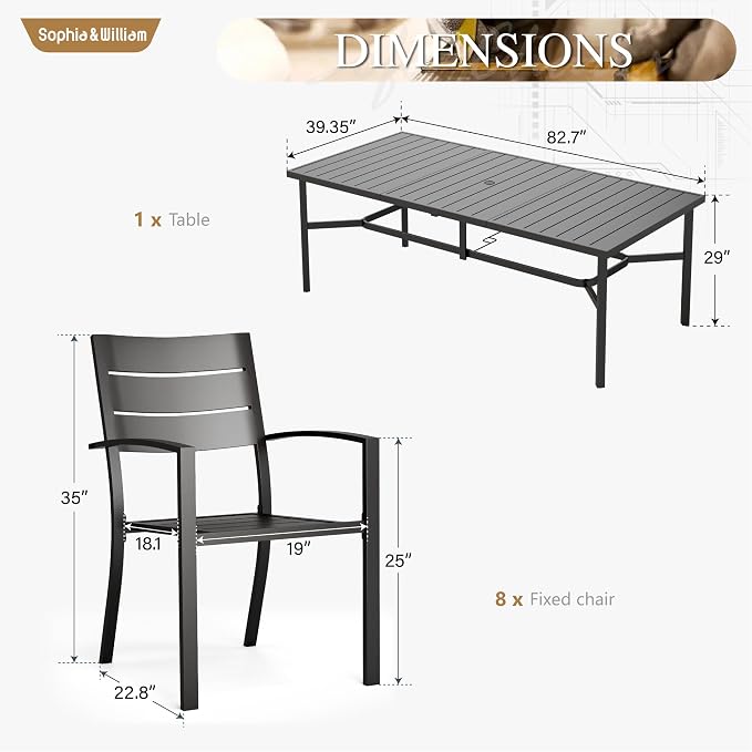 Sophia & William Patio Table and Chairs Set, Outdoor Dining Set for 8, 9 Piece Metal Patio Furniture, 82.7" Black Rectangular Table