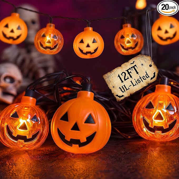 Halloween Decorations Pumpkin String Lights - 20 LED 12 FT 3D Cute Waterproof Light up Orange Jack-O-Lantern Plug-in Lights, Waterproof for Home Yard Party Indoor Outdoor Decor, Connectable