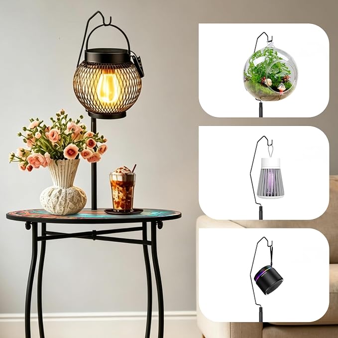 2-Tier Round Metal Side Table with Hanging Hook, Anti-Rust Weather Resistant Iron Accent Side Table for Living Room Bedroom Patio Balcony Indoor Outdoor Small Space, Easy Assemble, 25 Inch Tall