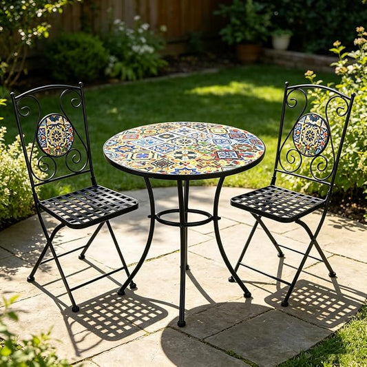 3 Piece Bistro Sets Mosaic Tile Round Table Folding Chairs Garden | Set of 3 Patio Furniture 23.6" Table and 2 Chairs Outdoor Bistro Chairs Artistic Table for Balcony Porch Apartment Backyard