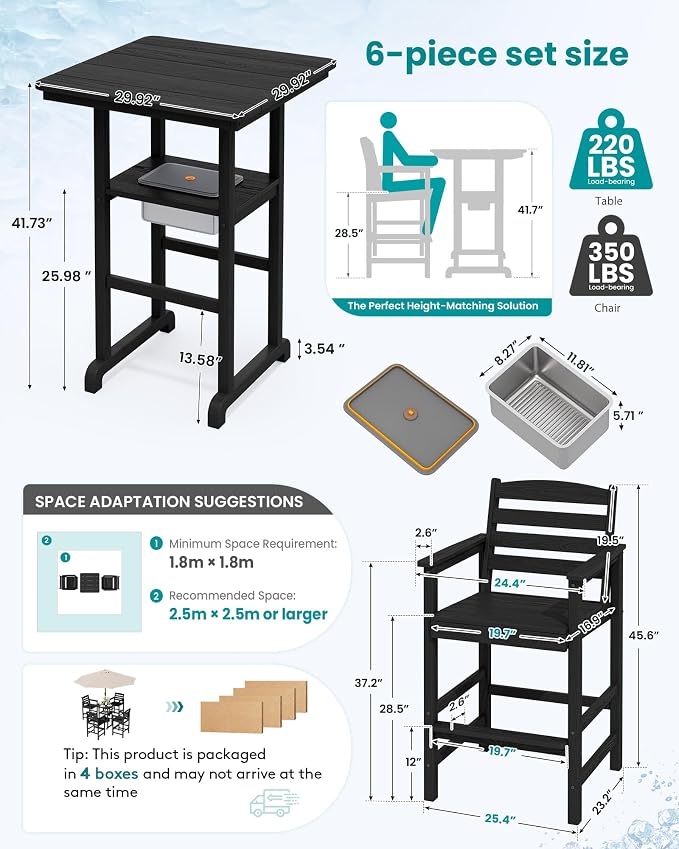 SERWALL Adirondack Bar Chairs and Table 5 Pieces Set with Umbrella, HDPE Bar Height Chairs Set of 2 and Bar Table with Ice Bucket, Outdoor Bar Stools Set for Balcony, Poolside, Backyard, Black