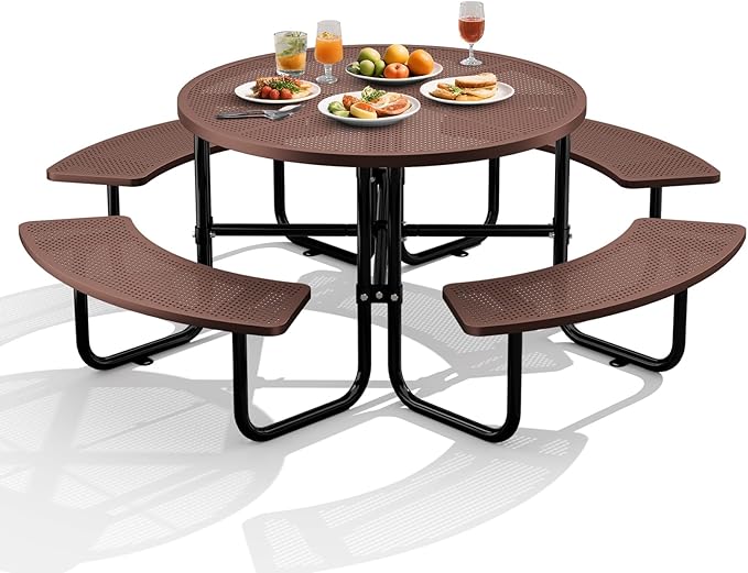 83" Round Heavy Duty Picnic Table for Outdoors Commercial Camping Table with Umbrella Hole up to 1.78" Brown Coated Steel Frame Waterproof Rust Resistant 3200 lbs Load Capacity