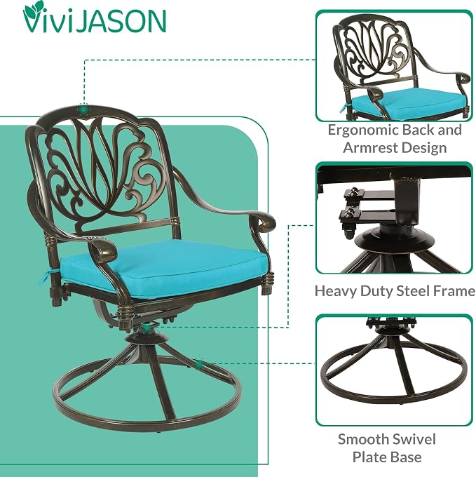 VIVIJASON 9-Piece Outdoor Furniture Dining Set, Cast Aluminum Patio Table and Chairs Set with 6 Stationary Chairs, 2 Swivel Rocker Chairs, 64" Large Square Dining Table, Umbrella Hole, Ocean Blue