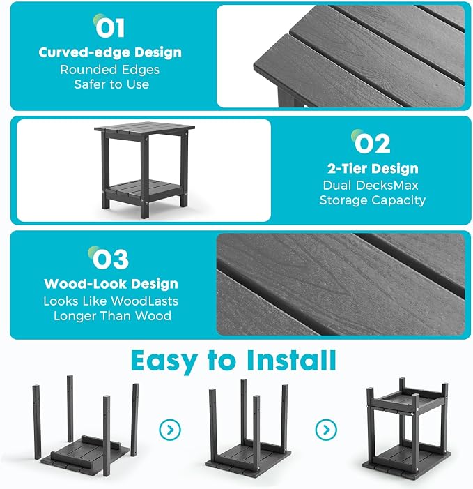 Outdoor 2-Tier Square Side Table, Adirondack Weather Resistant Patio End Table, Low Maintenance HDPE Accent Table for Backyard, Pool, Porch, Deck, Gray