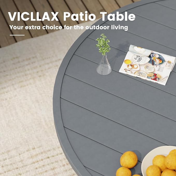 VICLLAX 60" Round Patio Table, Outdoor Dining Table for 8-10 with Umbrella Hole for Garden Lawn Deck Backyard, Dark Grey