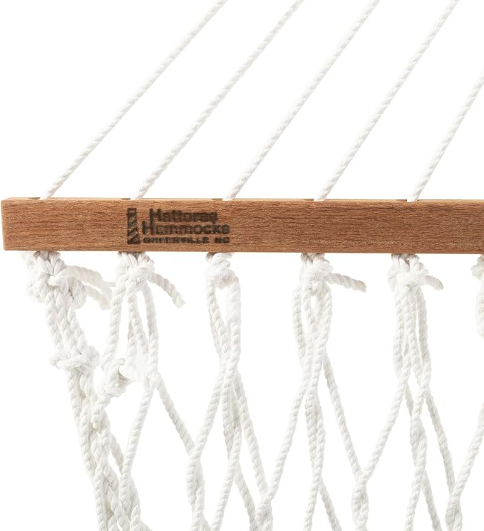 Hatteras Hammocks Deluxe White Duracord Rope Hammock with Free Extension Chains & Tree Hooks, Handcrafted in The USA, 450 LB Weight Capacity, 13 ft. x 60 in