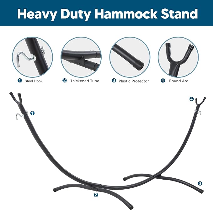 SUNCREAT Hammocks for Outside with Stand, Porch Hammock and Stand, 475 lbs Capacity, Blue & Red Stripes