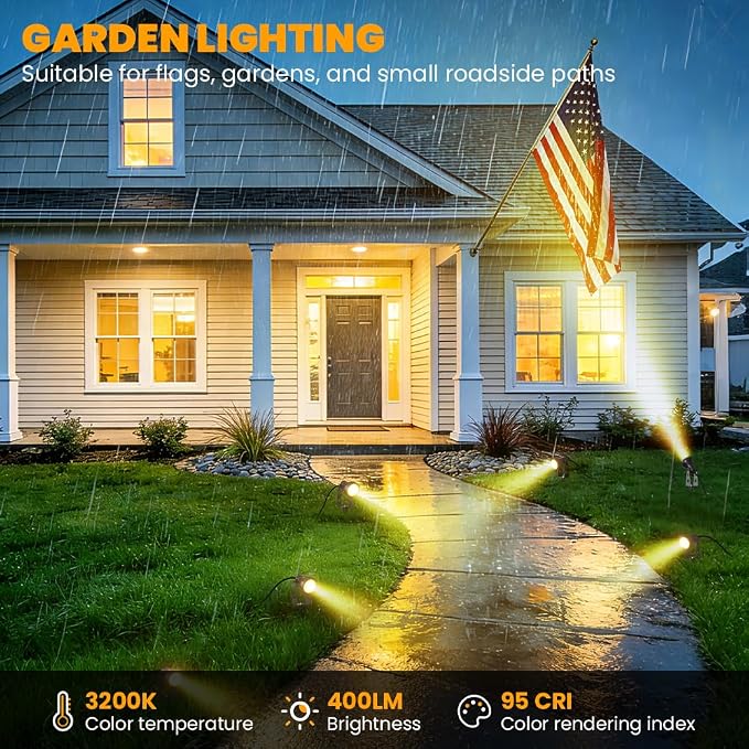 FOOMAN 6-Pack Spot Lights Outdoor, Low Voltage Landscape Lighting | LED Pathway Lights with Transformer, IP68 Waterproof Warm White Spotlight for Yard Garden Flags House Lawn Tree
