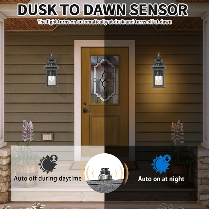 Darkaway Dusk to Dawn Outdoor Lights Fixture Wall Mount, Exterior Wall Light with Seeded Glass Waterproof Black Outside Wall Sconce for House Porch Hallway Garage