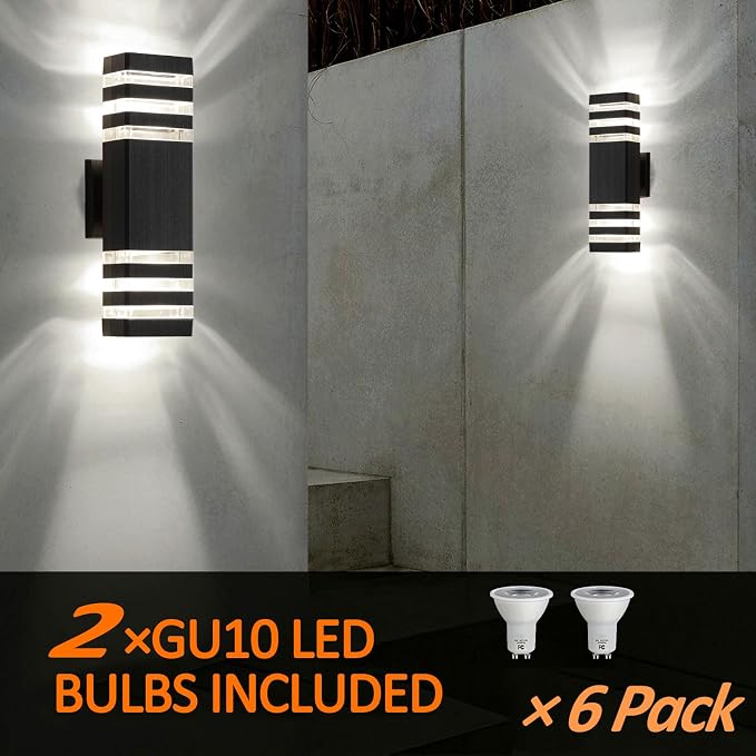 6 Pack Up and Down Outdoor Wall Lights, 3-layer Black Modern Exterior Light Fixture Wall Mount Outside Light for House, IP65 Waterproof Aluminum Outdoor Wall Sconces for Garage Porch Patio,3000K