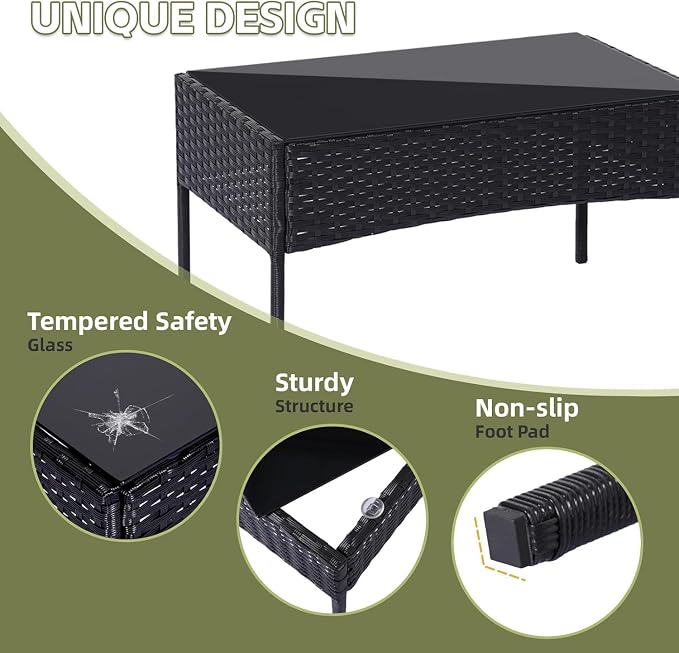 Patio Furniture Set 4 Pieces, Outdoor Rattan Furniture with Tempered Glass Coffee Table, Modern Rattan Patio Chairs Conversation Sets with Sofa for Garden, Terrace, Porch, Lawns