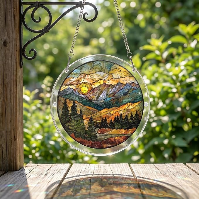 Acrylic Puzzle Suncatcher, Mountain Stained Glass Window Hanging, Sun Catcher Puzzle Kit Home Garden Decor, Creative Mothers Day and Birthdays Gifts for Mom, Wife, Sisters, 7.87 inch
