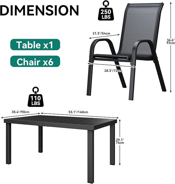 YITAHOME Stackable Patio Dining Set for 6, Breathable Outdoor Dining Set w/55 Aluminum Patio Table & 6 Stackable Patio Chairs Set, All Weather Outdoor Patio Dining Set for Backyard Deck Porch, Black