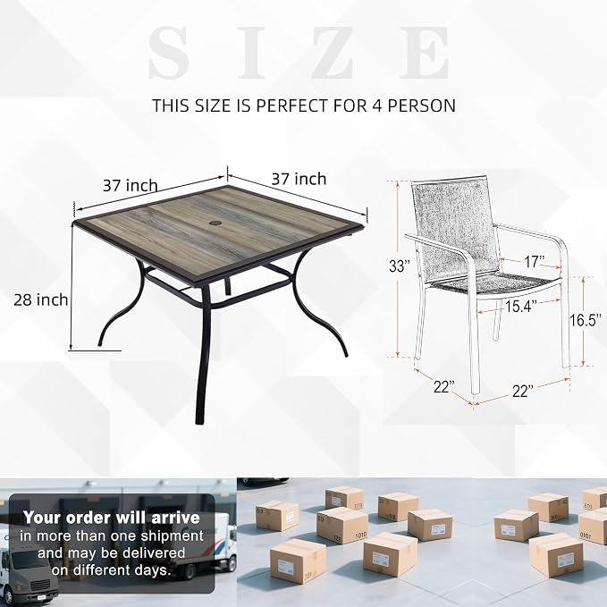 Outdoor Patio Gray Stackable Chairs and 37" PVC Square Table 5 Piece | Stackable Chairs, Square Table, Table and Chair with Metal Frame, Pvc Table Top, All Weather, Textilene fabric Seat and Back