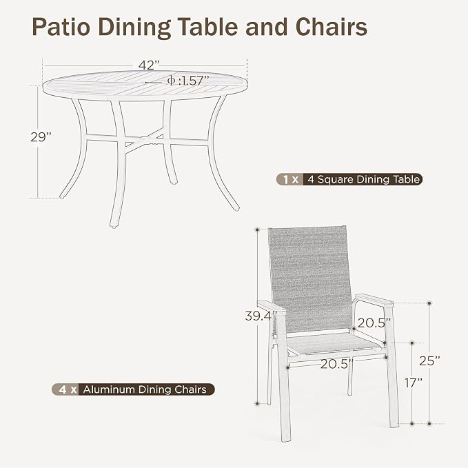 PHI VILLA Round Outdoor Dining Set for 4 with Aluminum Chairs, Grey | Stackbale chairs, Breathable & quick-drying sling, Light-weight & space-saving, Metal Table, Umbrella Hole, Patio deck