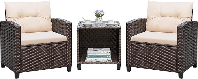 Greesum 3 Pieces Patio Furniture Sets Outdoor PE Rattan Wicker Chairs with Soft Cushion and Glass Coffee Table for Garden Backyard Porch Poolside, Beige