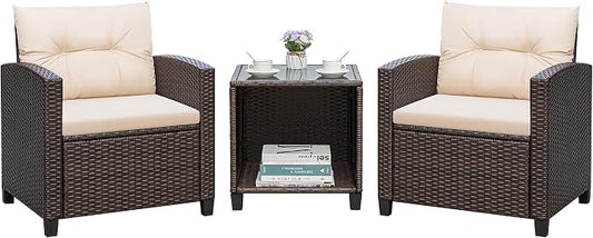 Greesum 3 Pieces Patio Furniture Sets Outdoor PE Rattan Wicker Chairs with Soft Cushion and Glass Coffee Table for Garden Backyard Porch Poolside, Beige