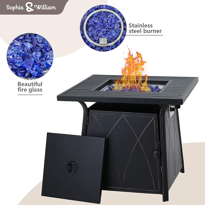 Sophia & William Patio 5 Pieces Dining Set with 1 Square Gas Fire Pit Table and 4 PE Rattan Chairs, Modern 2 in 1 50000 BTU Outdoor Propane Firepits Table Auto-ignition Black 28.4"L x 28.4"Wx 24.8"H