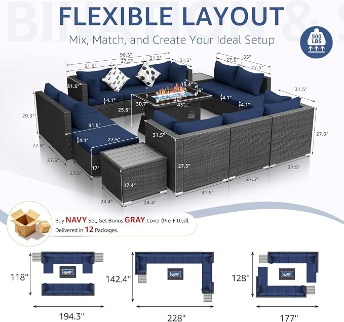NICESOUL 15 Piece Outdoor Sectional with Fire Pit Table, Modern Luxury Patio Deep Seating w/Firepit, 29.3'' High-Back Wicker Couch Thick, Big High-Weight Capacity Sofa for Terrace, Yard, Gray & Blue