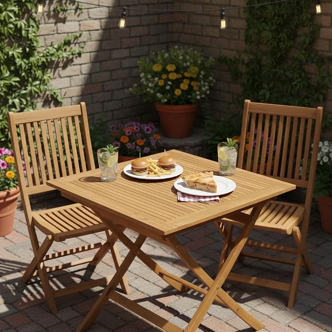 Tangkula Teak Wood Folding Outdoor Table, 32-Inch Square Patio Dining Table for 4, Collapsible Outside Bistro Table with Sturdy X-Frame for Deck, Balcony, Yard, Poolside & Porch