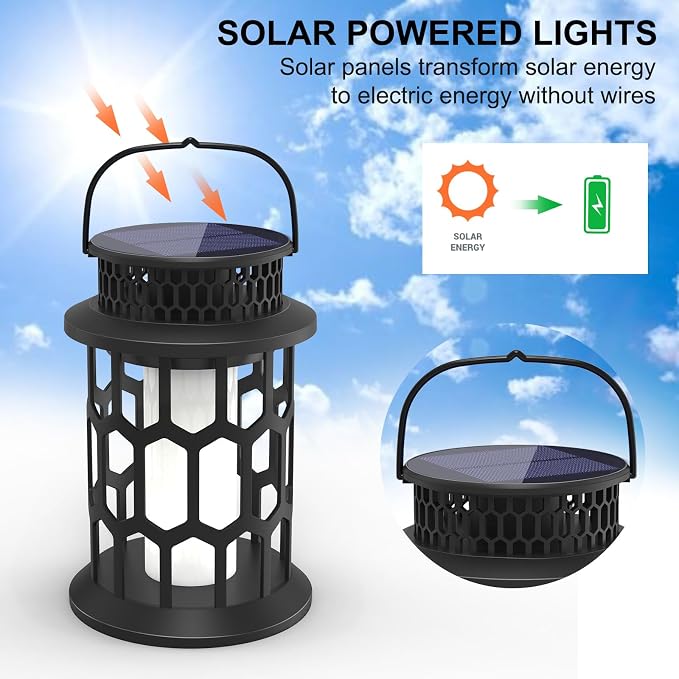 Solar Lights Outdoor Flickering Flame Lanterns, 2-Pack | IP65 waterproof ABS. Auto on/off, 8-12h runtime. Warm light for patio, garden, yard, deck.
