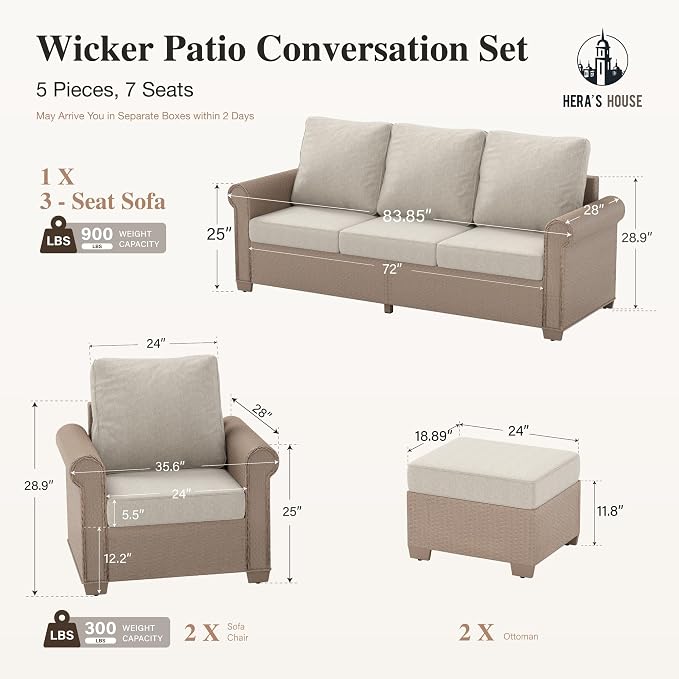 HERA'S HOUSE Patio Furniture Set, 4 x Cushioned Chairs, 3-Seat Sofa with Wood Grain Coffee Table, 5 Seats Luxury Windsor Style All Weahter Outdoor Sofa Conversation Set for Deck Lawn Backyard