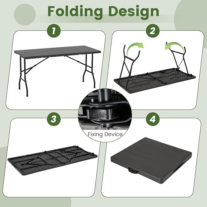 Giantex 5 FT Folding Table, HDPE Foldable Dining Table for 6, Indoor Outdoor Use for Party Banquet Wedding Picnic Camping BBQ, Fold-in-Half Portable Space Saving Design (Black)