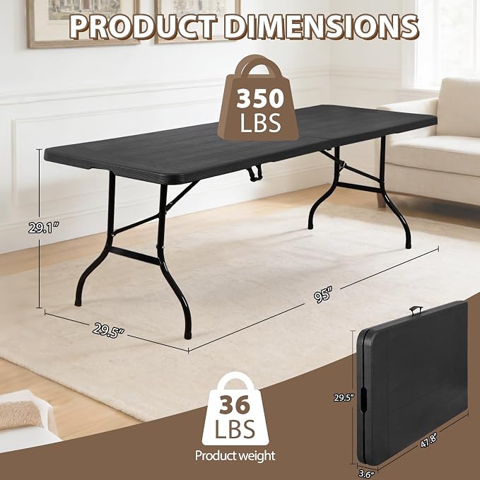 SUPER DEAL 8FT Folding Picnic Table for Indoor Outdoor, Portable Fold-in-Half Plastic Dining Camping Party Table with Carrying Handle, Black
