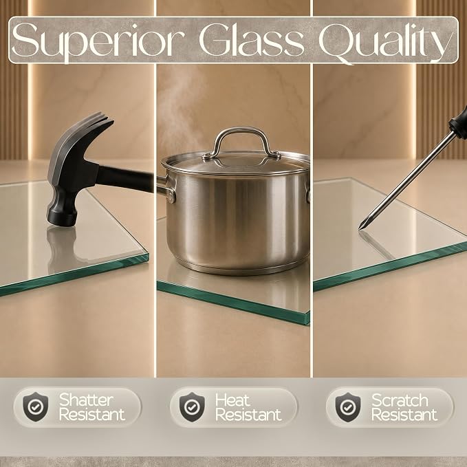 24 inch Square 3/8" Thick Flat Polished Edge Glass Table Top with 6 Bumpers - Tempered, Scratch Resistant & Safety Replacement Glass Designed for Dining, Coffee, Patio & End Tables