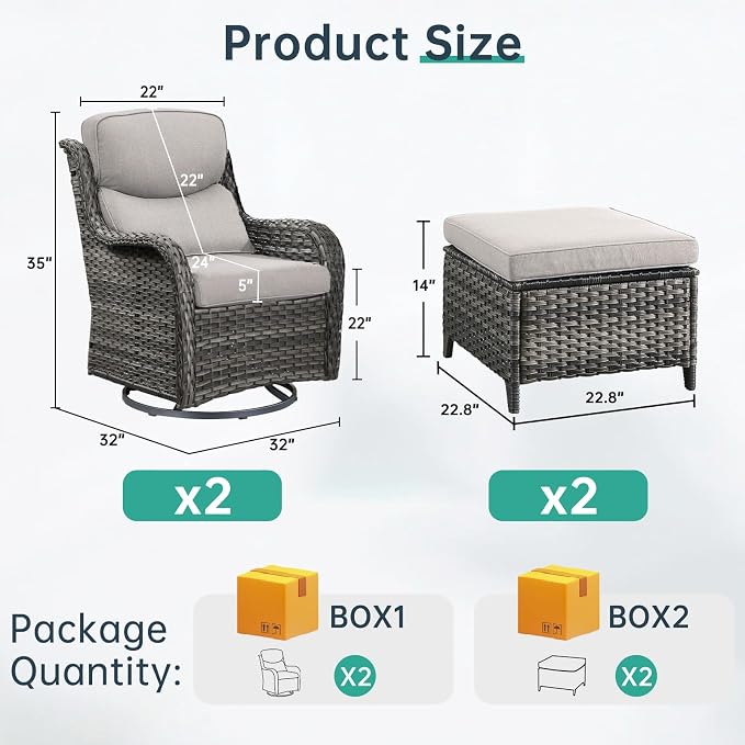 Outdoor Swivel Rocker Patio Chairs with 2 Ottomans - 5" Thick Cushion 4 Piece Furniture Set All Weather Comfortable Wicker Conversation Set for Porch Poolside and Deck - Gray/Beige