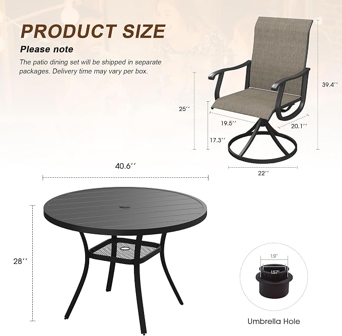 VICLLAX Patio 5 Pieces Outdoor Dining Set, 40.6" Round Metal Table with Umbrella Hole and Storage Shelf, 4 Swivel Textilene Chairs for Lawn, Garden, Porch, Black/Brown