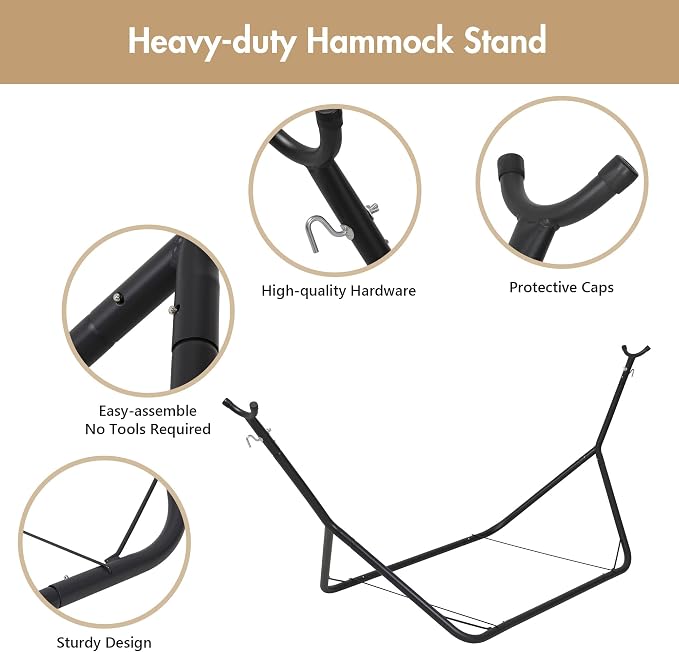 ANOW Space Saving Hammock with Stand Included, Heavy-Duty Hammock Stand with Adjustable Height for Indoor Outdoor, 475 Lbs Capacity, Coffee Stripes