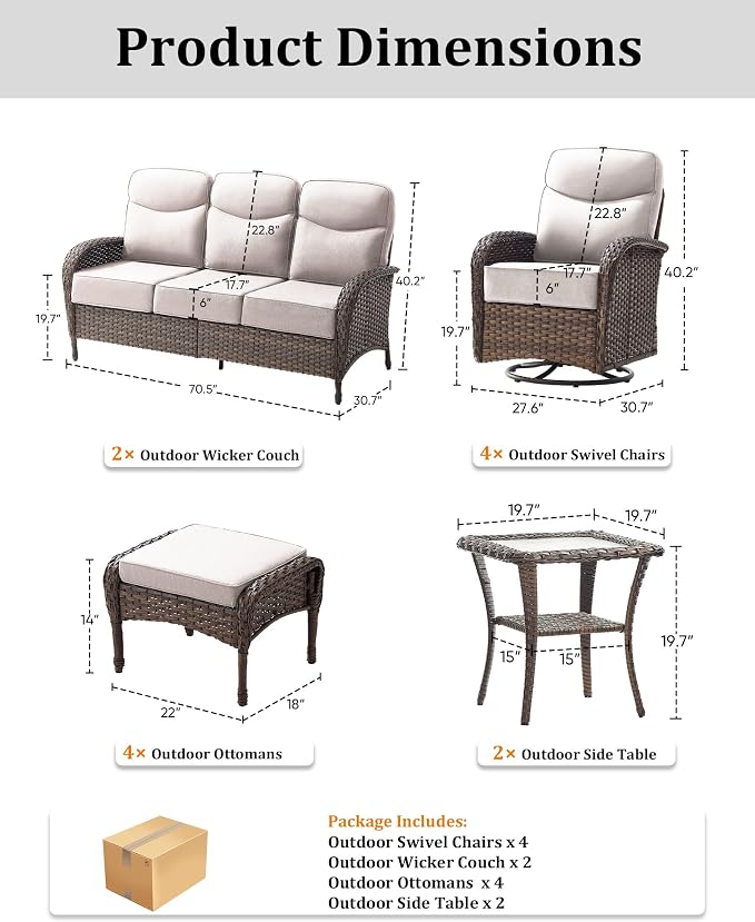 12-Piece Luxury Patio Furniture Set with 6-inch Thick Cushion,Outdoor Wicker Sofa Couch Set of 2 & Swivel Rocker Chairs, Conversation Set for Poolside, Deck & Yard - Beige