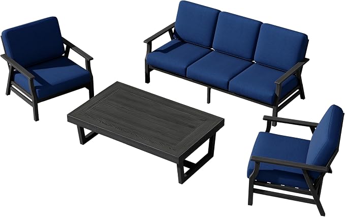 4 Pieces Patio Furniture Sets, Black Wood Outdoor Sectional Furniture with Coffee Table, 5 Seats Patio Sofa Couch Conversation Set for Backyard Deck - Navy