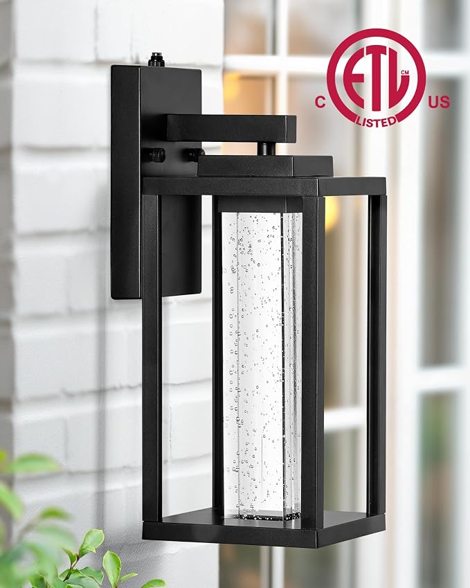 VIANIS Large Exterior Lighting Fixtures Wall Mount for House, Black Dusk to Dawn Porch Lights Outdoor with Integrated 10W LED Light Source Crystal Bubble Glass, 2 Packs Outdoor Wall Sconces Lantern
