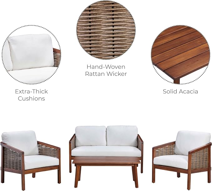 Teamson Home 4-Piece Outdoor Patio Furniture Set, Brown | Cushions Included, Acacia Wood Frame, Wicker Accent, Weather-Resistant, Sofa, Chairs & Coffee Table